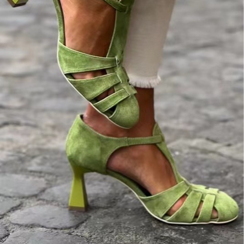 Women'S Shoes Kitten Heels - Women's Green Suede Kitten Heel T-Strap