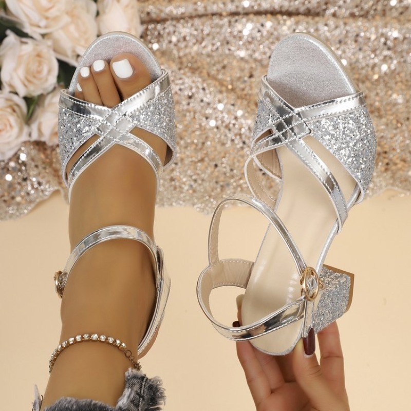 Women Shoes Model - Women Block Heels Sandals Gold Sparkly