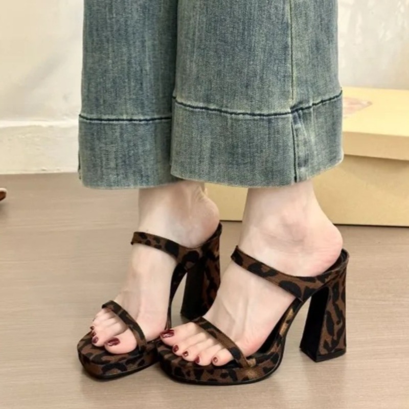 Leopard Print Heels - Women Sandals Fashion Thick Soled High-heeled